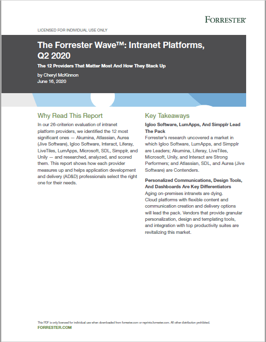 The Forrester Wave™: Intranet Platforms, Q2 2020 Report